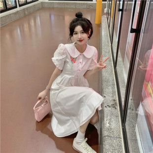 娃娃领连衣裙少女生夏装 初中高中学生学院风少女甜美白色裙子 新款