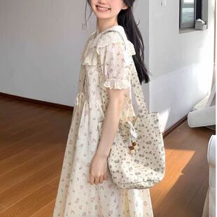 法式纯欲风超仙蕾丝花边娃娃领连衣裙女学生中长款显瘦碎花A字裙