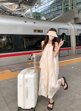夏季小个子宽松挂脖森系桔梗长裙