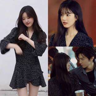 黑色波点长袖雪纺连衣裙女早秋法式V领泡泡袖气质显瘦短款A字裙子