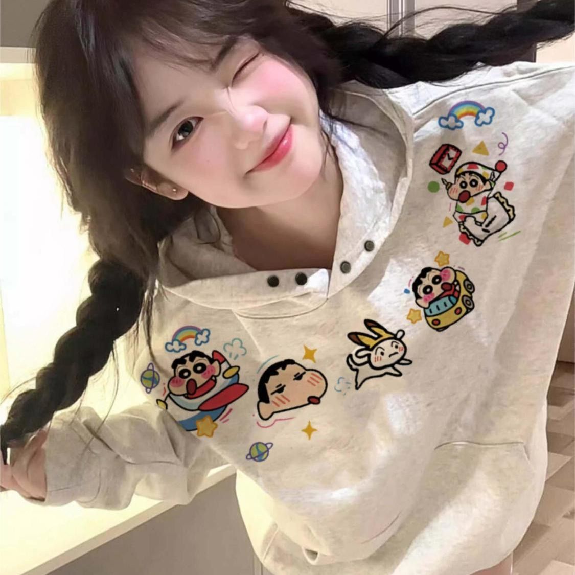 甜美韩系趣味刺绣连帽卫衣女今年秋冬新款慵懒风宽松加绒加厚上衣