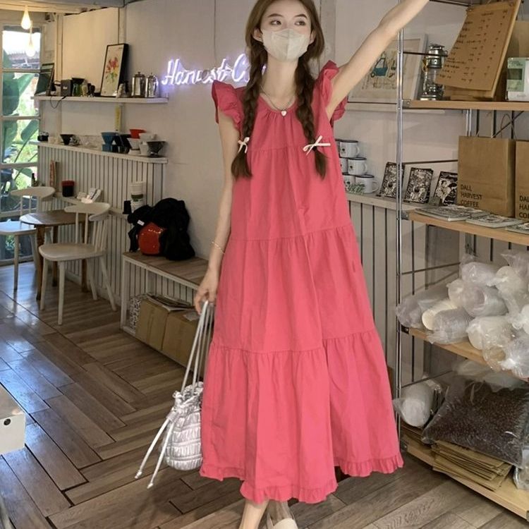 多巴胺玫红色吊带连衣裙女春夏季新款海边度假沙滩长裙小个子裙子