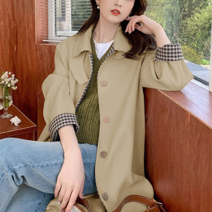 小个子早秋大衣 韩系格纹简约气质中长款 风衣外套女2025新款 春秋季