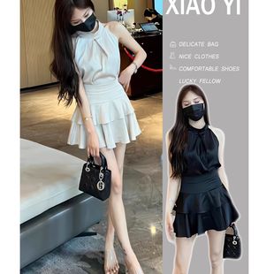 裙女夏小个子连衣裙小黑裙无袖 高级感小香风套装 挂脖吊带裙两件套