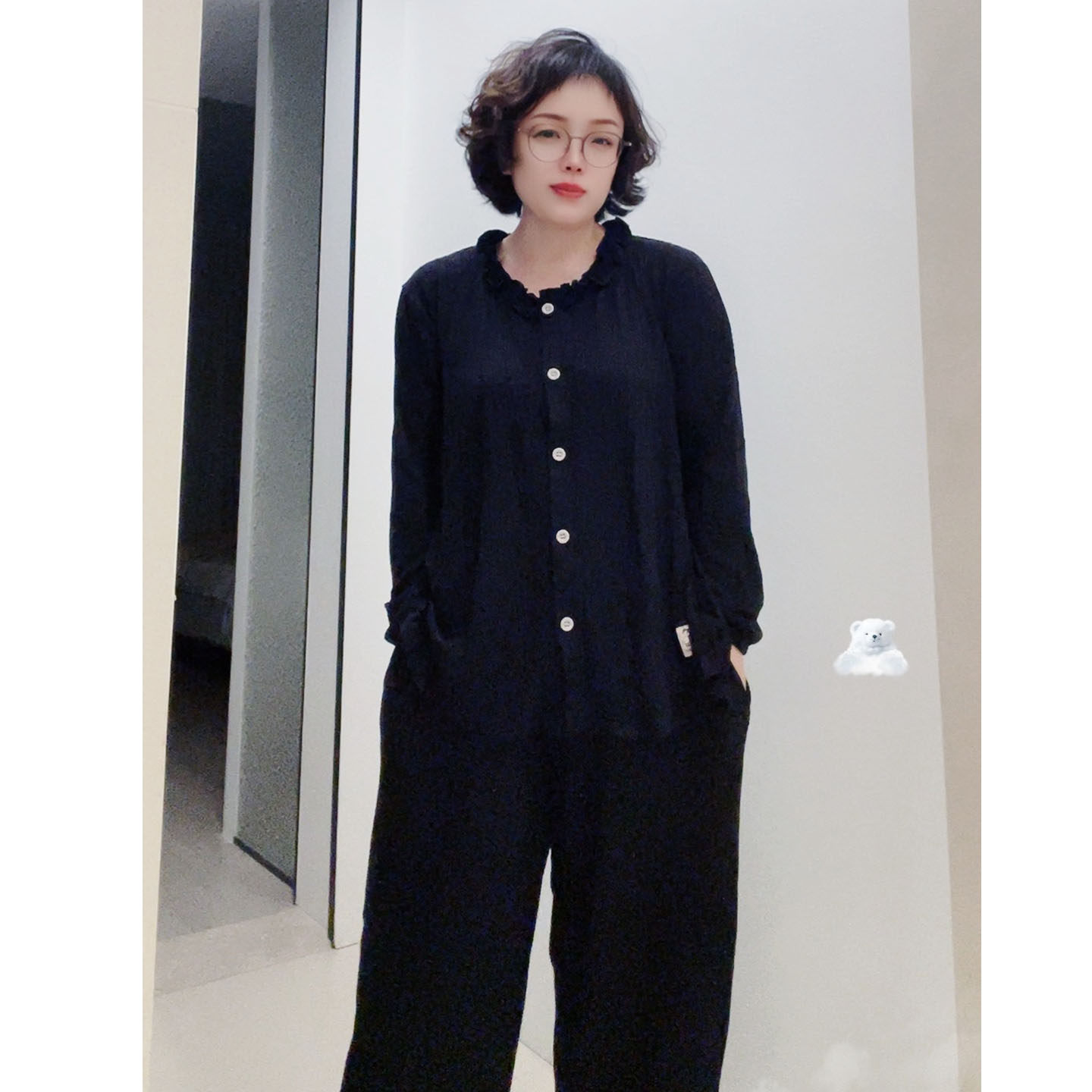 SLHUAZY大码小香风圆领木耳边荷叶领女士睡衣套装胖m家居服针织款