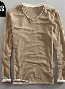 2023秋季新款纯棉鸡心领T恤上衣 男士竹节棉长袖V领假两件打底衫