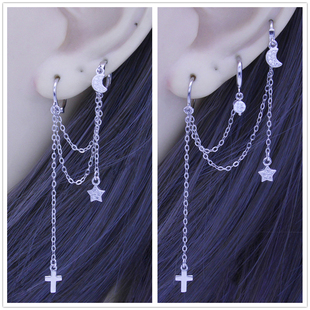 纯银手作星月连线耳钉 三耳洞耳环女 一体式 多耳洞两个耳骨上下