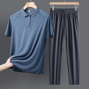 自带冰凉触感!爸爸装2023夏季新款套装男短袖T恤中年冰丝夏装衣服
