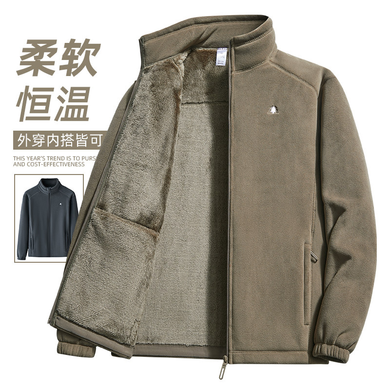 硬核锁温！摇粒绒卫衣男款秋冬加绒加厚立领夹克军绿色抓绒衣外套