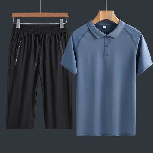 夏天超爽!冰丝七分裤运动套装男夏季翻领短袖夏装运动服休闲衣服