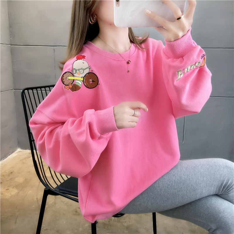 早秋圆领卫衣女可爱刺绣宽松春秋薄款外套韩版百搭学生上衣服潮