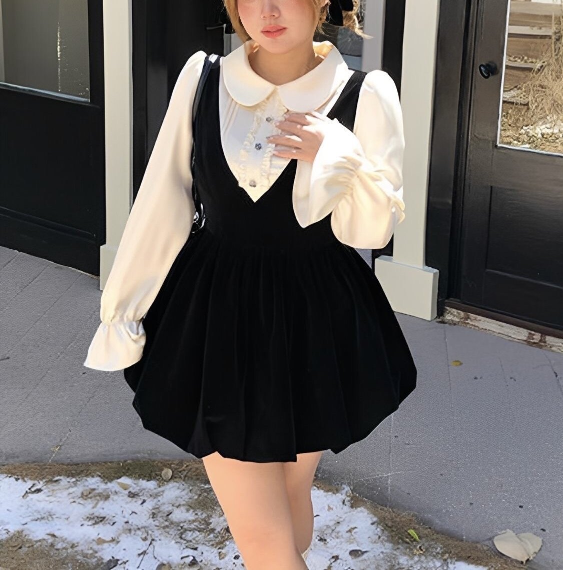 大码胖mm甜美丝绒长袖连衣裙秋冬收腰显瘦气质花苞短裙子