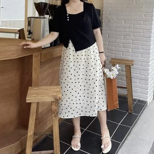 方领A字裙遮肚显瘦时髦假两件拼接连衣裙 大码 女装 胖妹妹夏季 新款