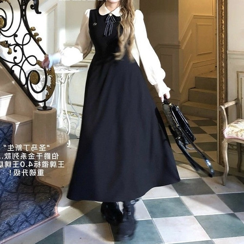 安妮优雅大小姐假两件经典徽标裙女微胖大码收腰学院风连衣裙