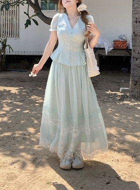 胖mm甜美新款短袖夏季设计高腰上衣衬衫半身裙薄荷两件套套装