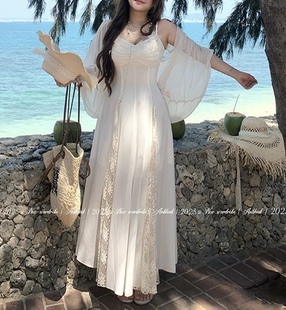 大码胖mm设计感蕾丝拼接吊带连衣裙开衫夏季收腰显瘦仙女长裙套装