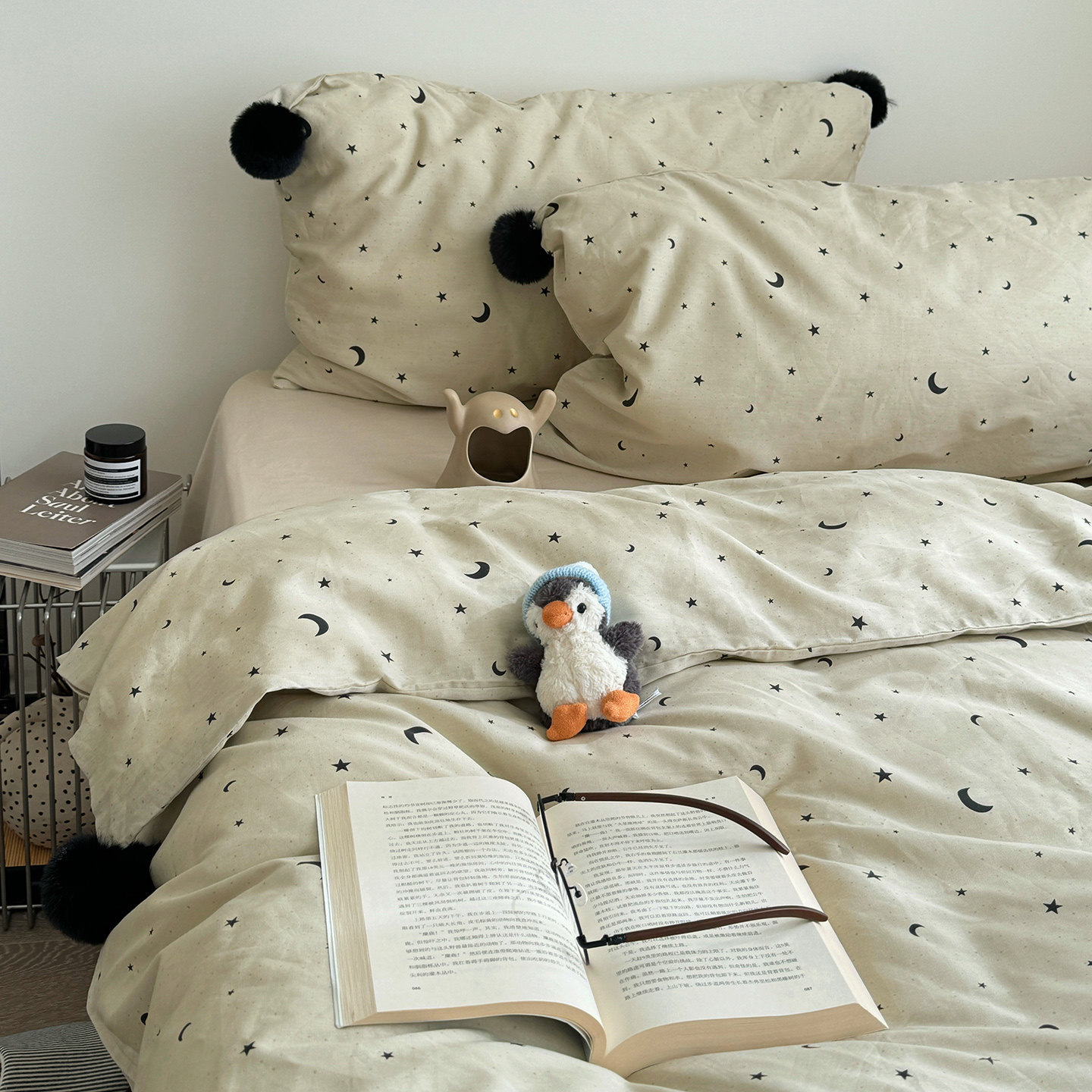 月光巴士ins星月球球款简约纯棉床上四件套沙色被套全棉床笠1.5米