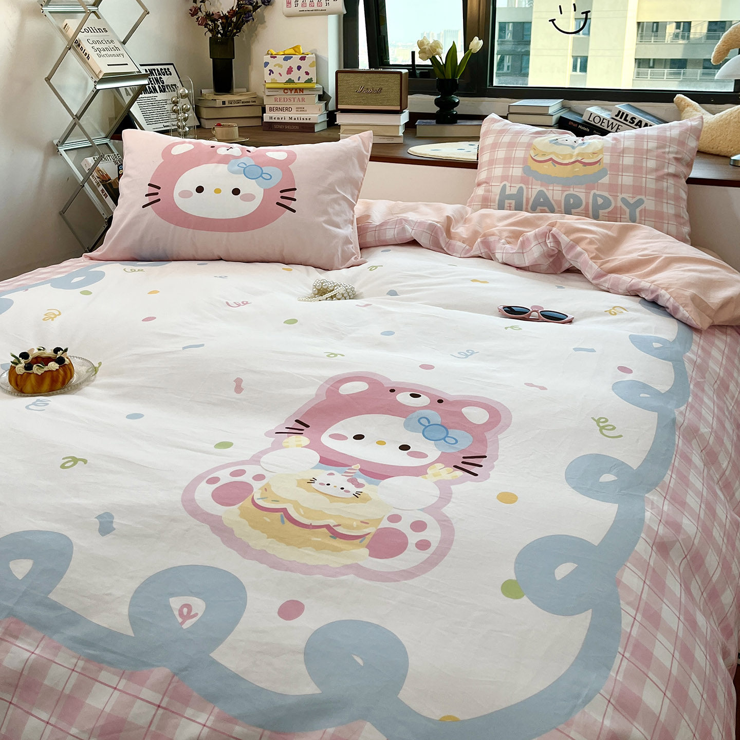 月光巴士卡通蛋糕小猫床上四件套少女心被套全棉床单学生床三件套,床上用品,床品套件/四件套/多件套,淘宝优惠券,粉丝福利购,淘宝优惠卷