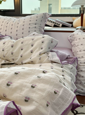 月光巴士全棉小提花郁金香床上三四件套紫色被套床单纯棉1.8m床笠