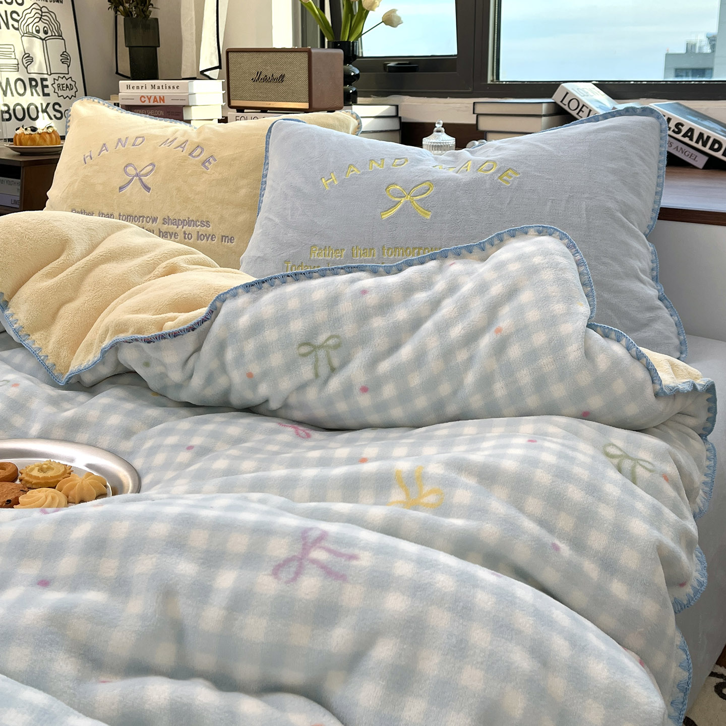 ins奶油蓝格双面绒牛奶绒四件套