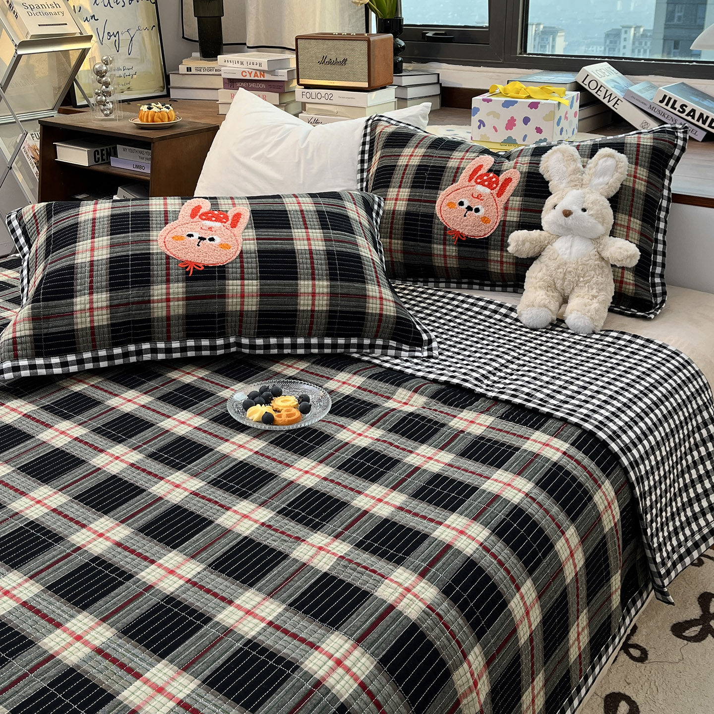 月光巴士文艺复古风1.5米床盖三件套全棉色织水洗棉格子床单纯棉,床上用品,床盖,淘宝优惠券,粉丝福利购,淘宝优惠卷