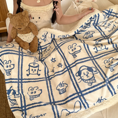 月光巴士漫画兔兔卡通羊羔绒毛毯加厚保暖冬季牛奶绒毯子沙发盖毯