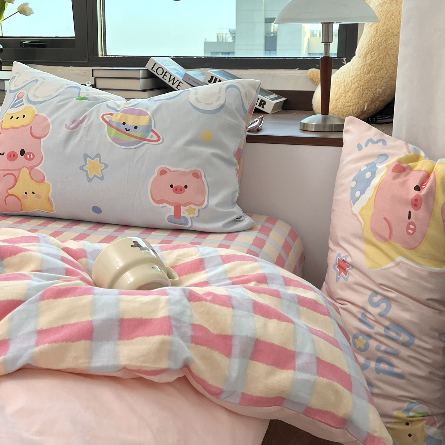 月光巴士丨星星小猪卡通全棉磨毛床上三四件套1.5米纯棉床单被套