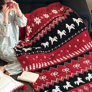 月光巴士费尔岛风红色马年款针织盖毯半边绒毛毯保暖沙发午睡毯子