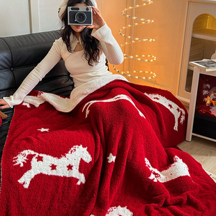 月光巴士红色新年款针织毯半边绒毯子沙发盖毯马年保暖毛毯装饰毯