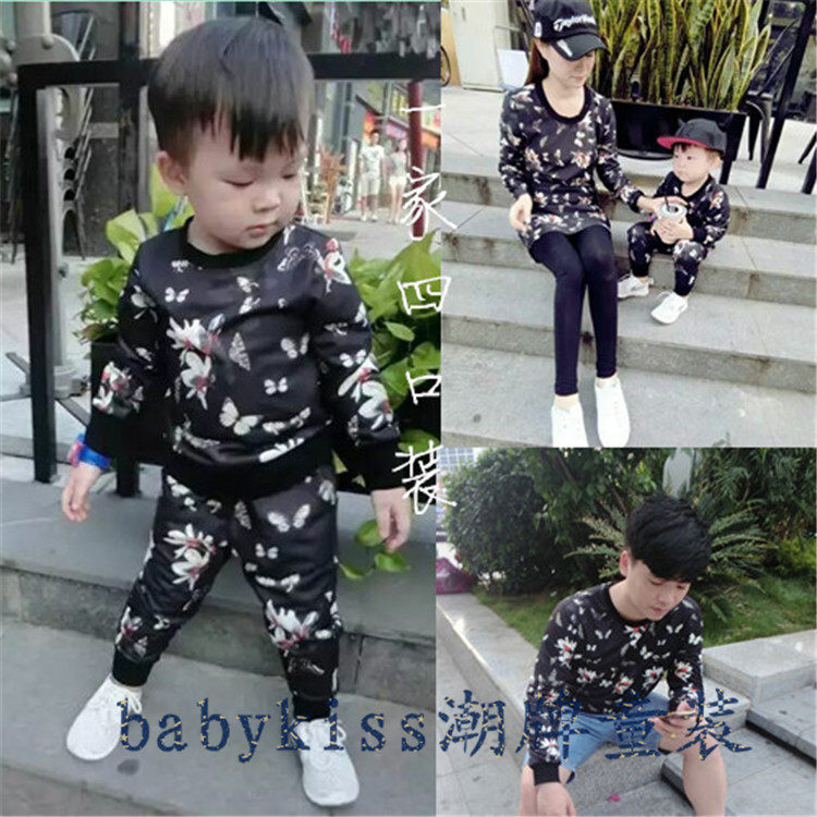 男童卫衣裤子套装春秋季Q1女童连衣裙儿童宝宝黑色花朵衣服父子装