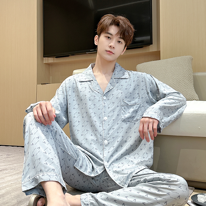 睡衣男士夏季春秋薄款綿綢長袖寬松中年可外穿開衫新款家居服套裝