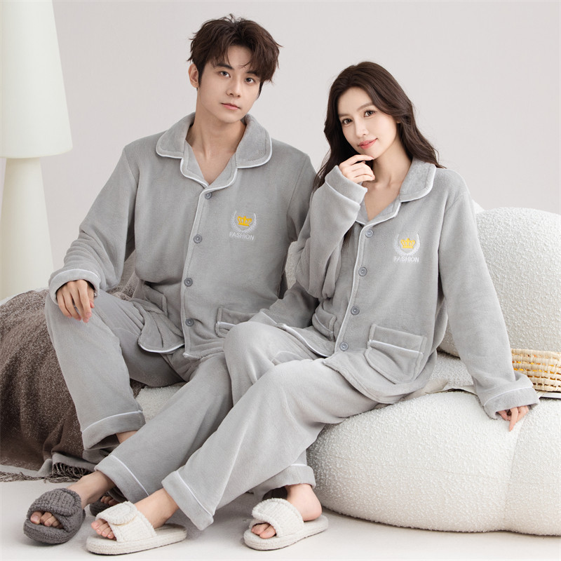 珊瑚绒睡衣冬季情侣法兰绒男女士外穿开衫加绒加厚保暖家居服套装