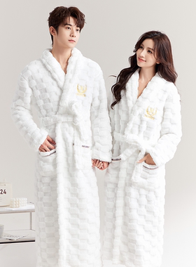 睡袍睡衣女冬季加厚法兰绒浴袍春秋加绒加长款男士情侣珊瑚绒浴衣