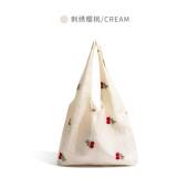 韩系简约樱桃刺绣帆布包包女款 全球购 小清新大容量手提托托特
