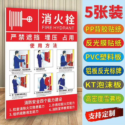 消火栓使用方法标识牌灭火器使用方法贴纸消防安全警示标识提示牌 常闭式防火门 手动报警按钮不干胶贴纸定做
