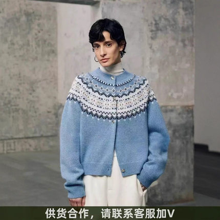 TH～ROW100%全羊毛蓬松温暖 费尔岛提花插肩袖针织开衫