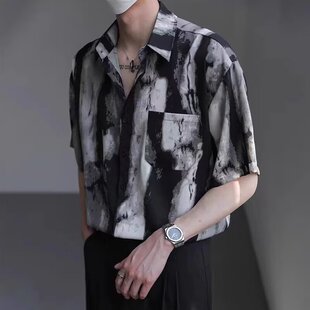水墨扎染冰丝垂感花衬衫短袖男士夏季高级感痞帅潮牌五分半袖衬衣