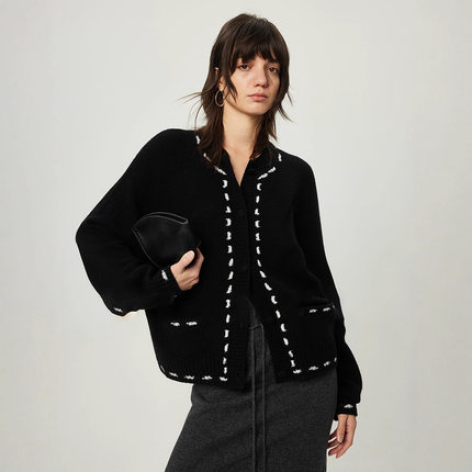 TH～ROW撞色线迹提花慵懒简约松软羊绒羊毛宽松漫画针织开衫