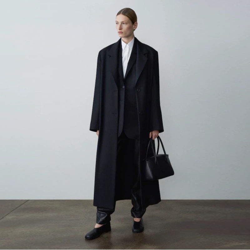 TH~ ROW羊毛大衣女2025春秋新款超长款单排扣垫肩后开衩廓形外套