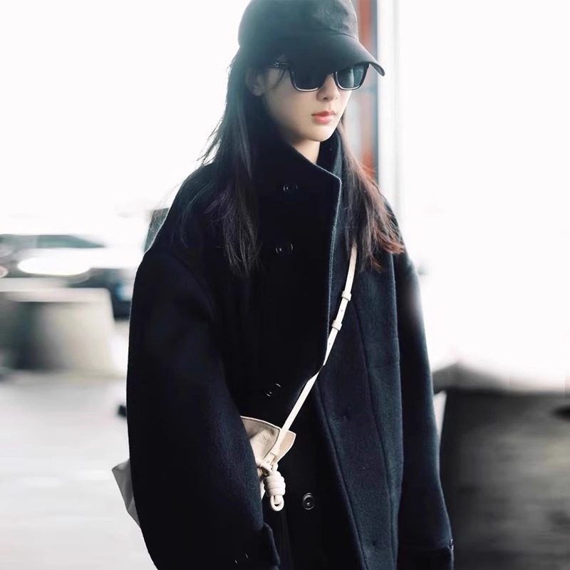 LEM 欧美极简羊毛大衣女秋冬杨紫机场同款加厚保暖立领毛呢子外套
