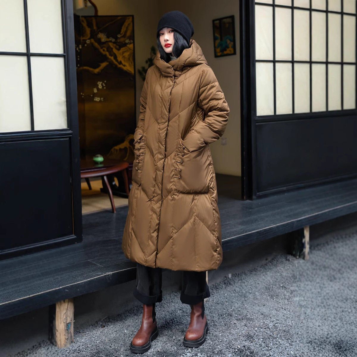 中国风单排扣连帽加长款过膝羽绒服女2026百搭盘扣国风气质外套,女装/女士精品,羽绒服,淘宝优惠券,粉丝福利购,淘宝优惠卷