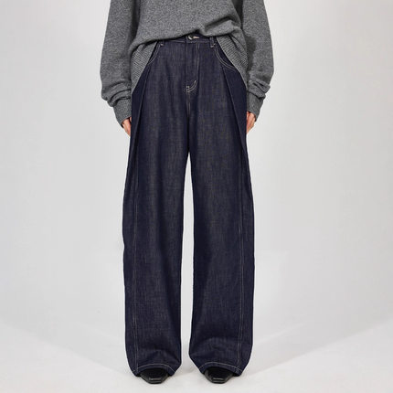 TH～ROW不易褪色原牛大翻褶时髦雅痞中腰直筒千纸鹤牛仔裤