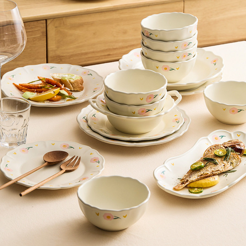芍药花边陶瓷餐具套装碗盘家用2026新款厨房碗碟盘子吃饭碗高颜值,餐饮具,泡面碗,淘宝优惠券,粉丝福利购,淘宝优惠卷
