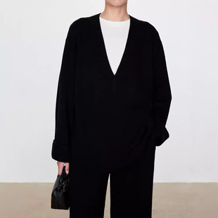 灰色毛衣女装 小众极简ROW风2025年秋冬羊毛衫 大V领上衣慵懒针织衫