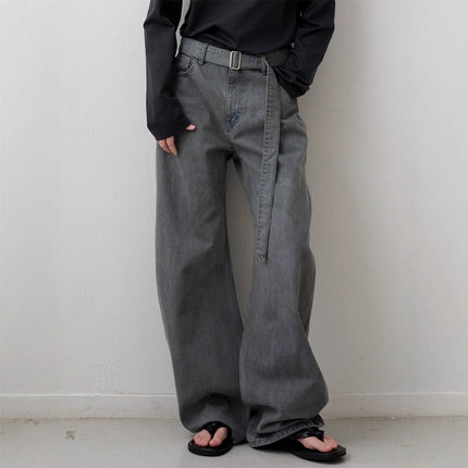 TH～ROW牛仔阔腿裤秋冬新款高腰显瘦可拆卸腰带直筒休闲裤