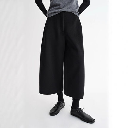 TH～ROW小众极简休闲羊毛羊绒双面呢阔腿裤立裁弧形休闲8分裤