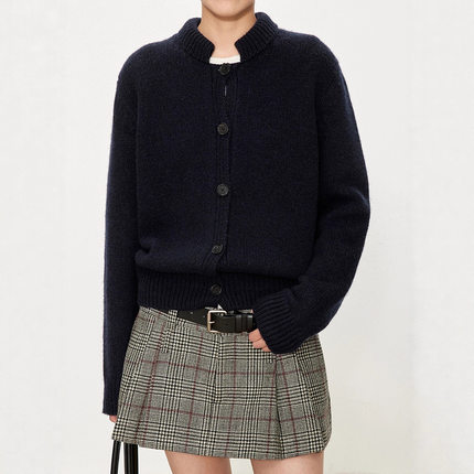 TH～ROW英国羊毛感粗棒针  复古风翻折小立领果实扣夹克式开衫