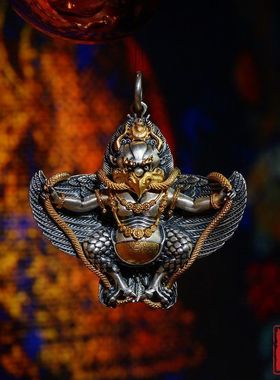 925纯银吊坠文玩配饰大鹏金翅鸟藏传男女款古珠天珠饰品项链密宗