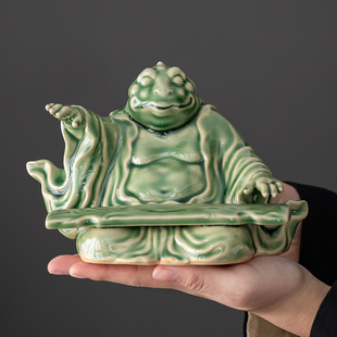蟾仙抚琴青瓷茶宠招财摆件家居客厅博古架茶桌办公金蟾装饰摆设