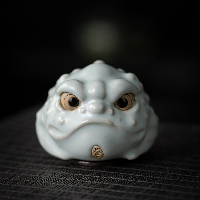 宇轩创意汝窑转茶宠物金蟾蜍财富滚茶玩精品黄汝可养引财宝茶几饰